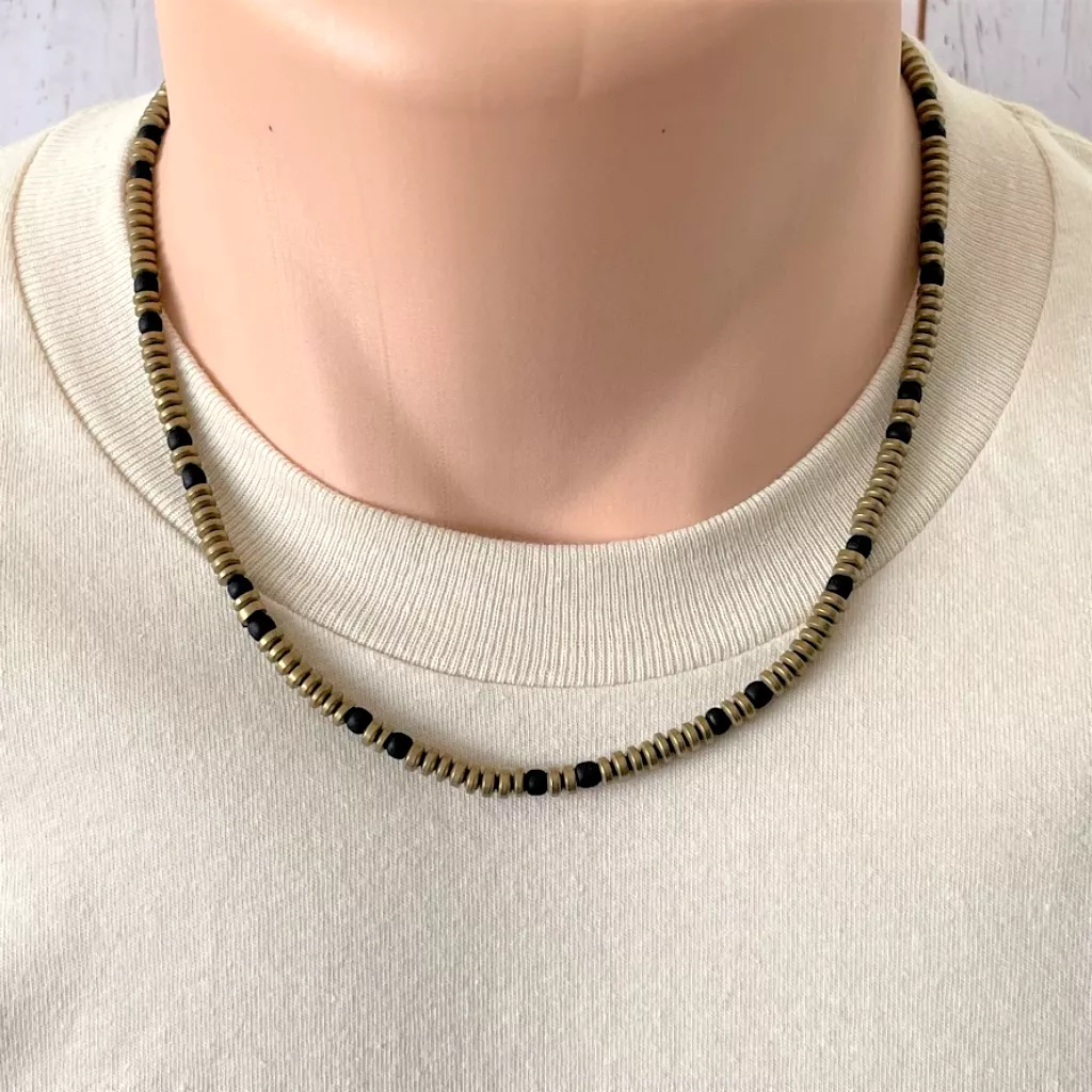 Antique Gold Matte Hematite and Black Mens Beaded Necklace