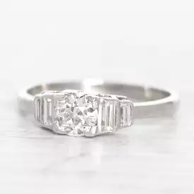 Art Deco 0.50 Carat Old European Cut Diamond Solitaire with Baguette Diamond Shoulders