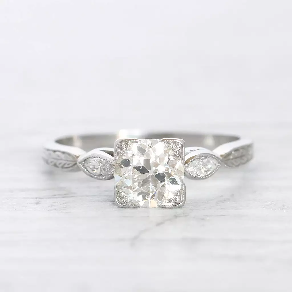 Art Deco 0.85 Carat Old European Cut Diamond Solitaire with Marquise Diamond Shoulders