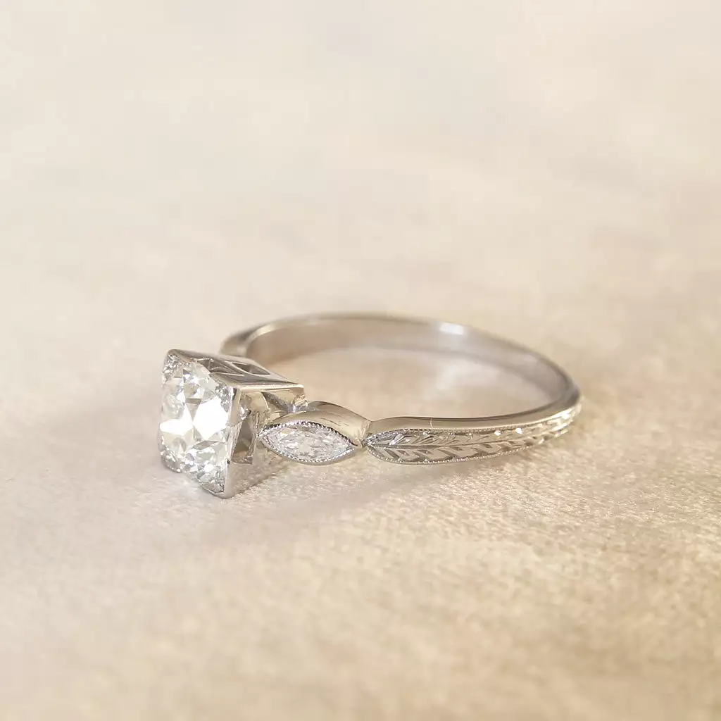 Art Deco 0.85 Carat Old European Cut Diamond Solitaire with Marquise Diamond Shoulders