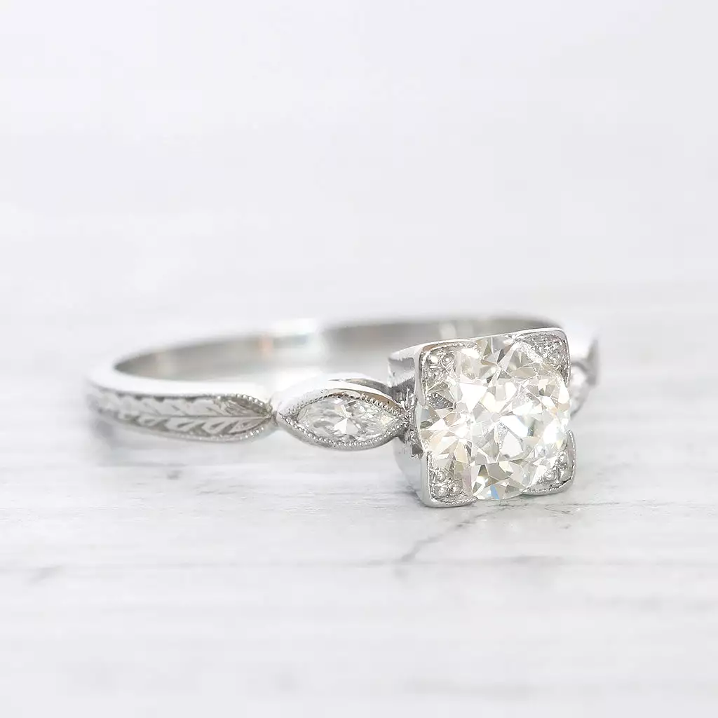 Art Deco 0.85 Carat Old European Cut Diamond Solitaire with Marquise Diamond Shoulders