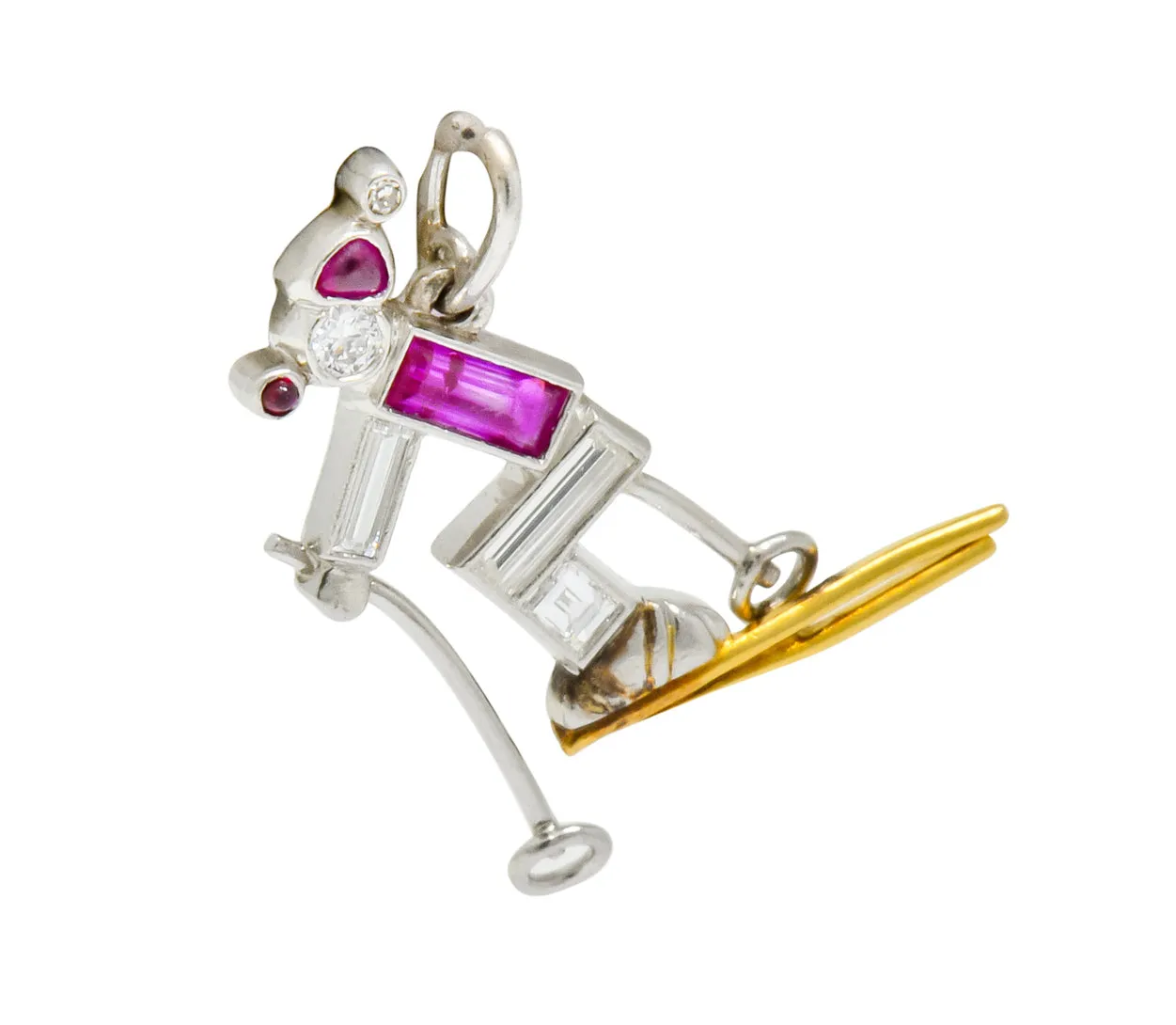 Art Deco Ruby Diamond 18 Karat Gold Platinum Cross Country Skiing Charm