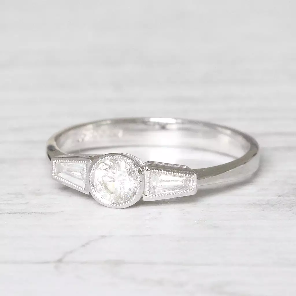 Art Deco Style 0.60 Carat Brilliant and Baguette Cut Diamond Ring