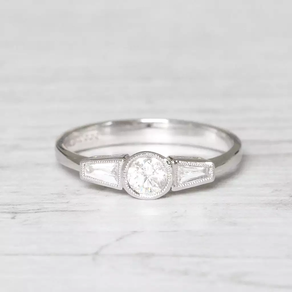 Art Deco Style 0.60 Carat Brilliant and Baguette Cut Diamond Ring