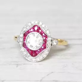 Art Deco Style 0.70 Carat Diamond and Calibré Cut Ruby Target Cluster