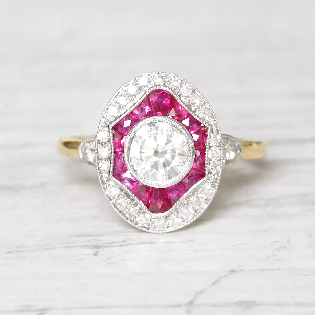 Art Deco Style 0.70 Carat Diamond and Calibré Cut Ruby Target Cluster