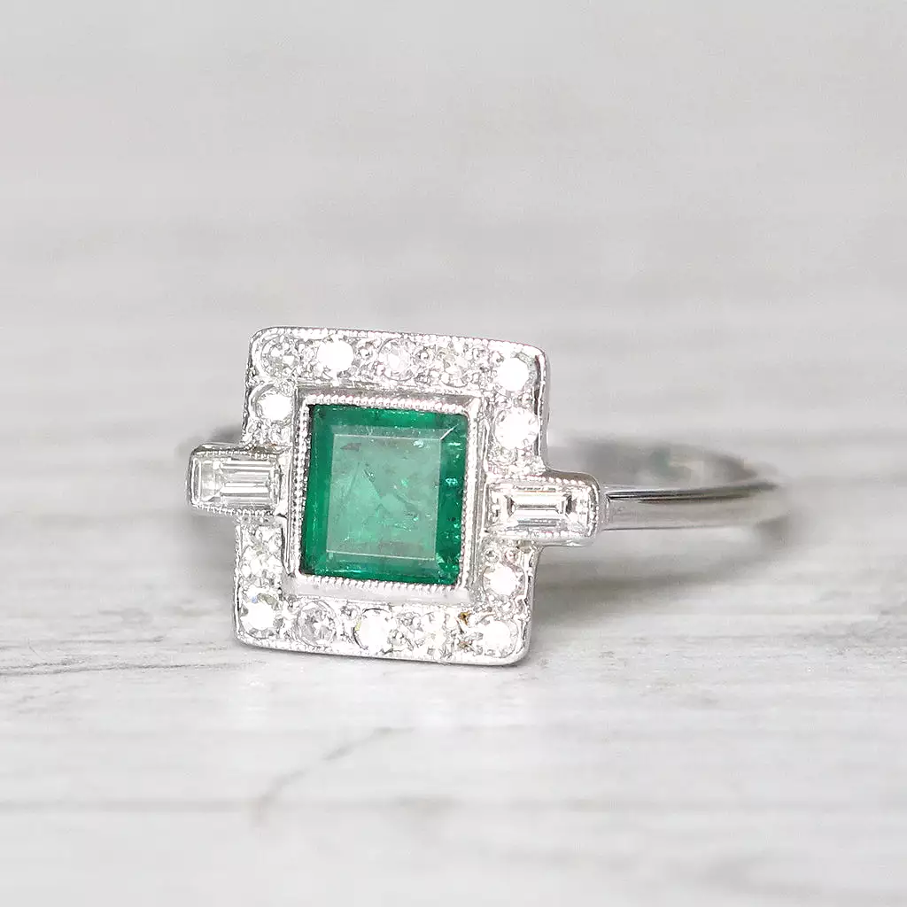 Art Deco Style 0.80 Carat Emerald and Diamond Square Cluster