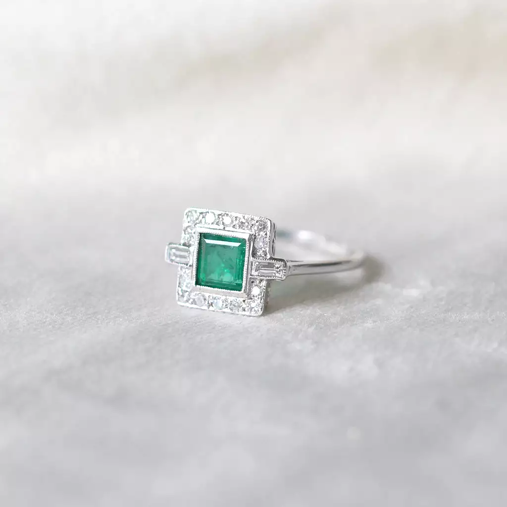 Art Deco Style 0.80 Carat Emerald and Diamond Square Cluster