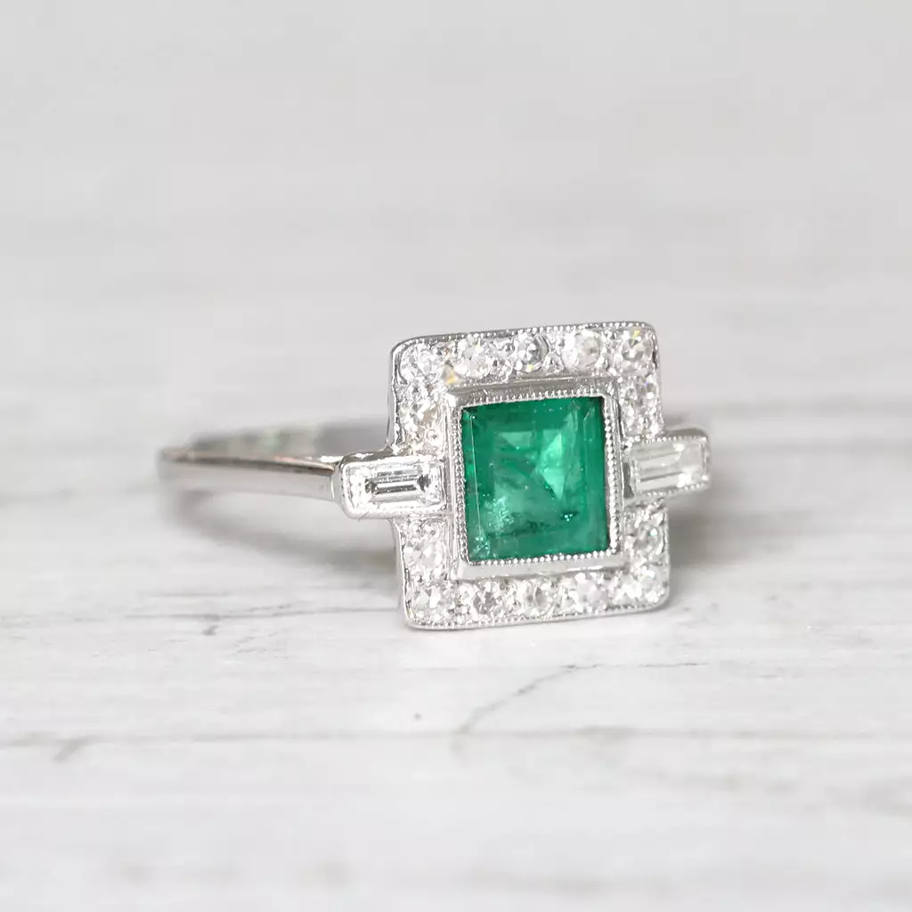 Art Deco Style 0.80 Carat Emerald and Diamond Square Cluster