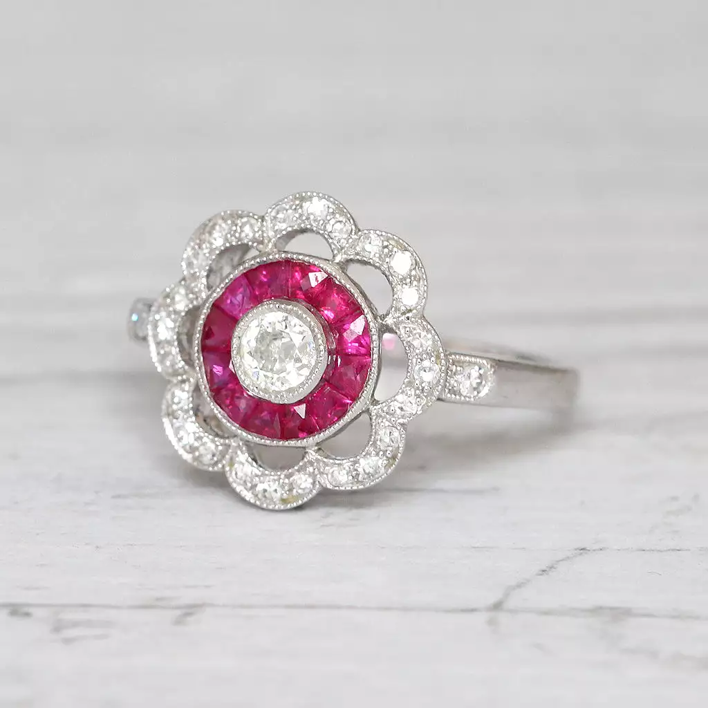 Art Deco Style Old Cut Diamond and French Cut Ruby Target Cluster