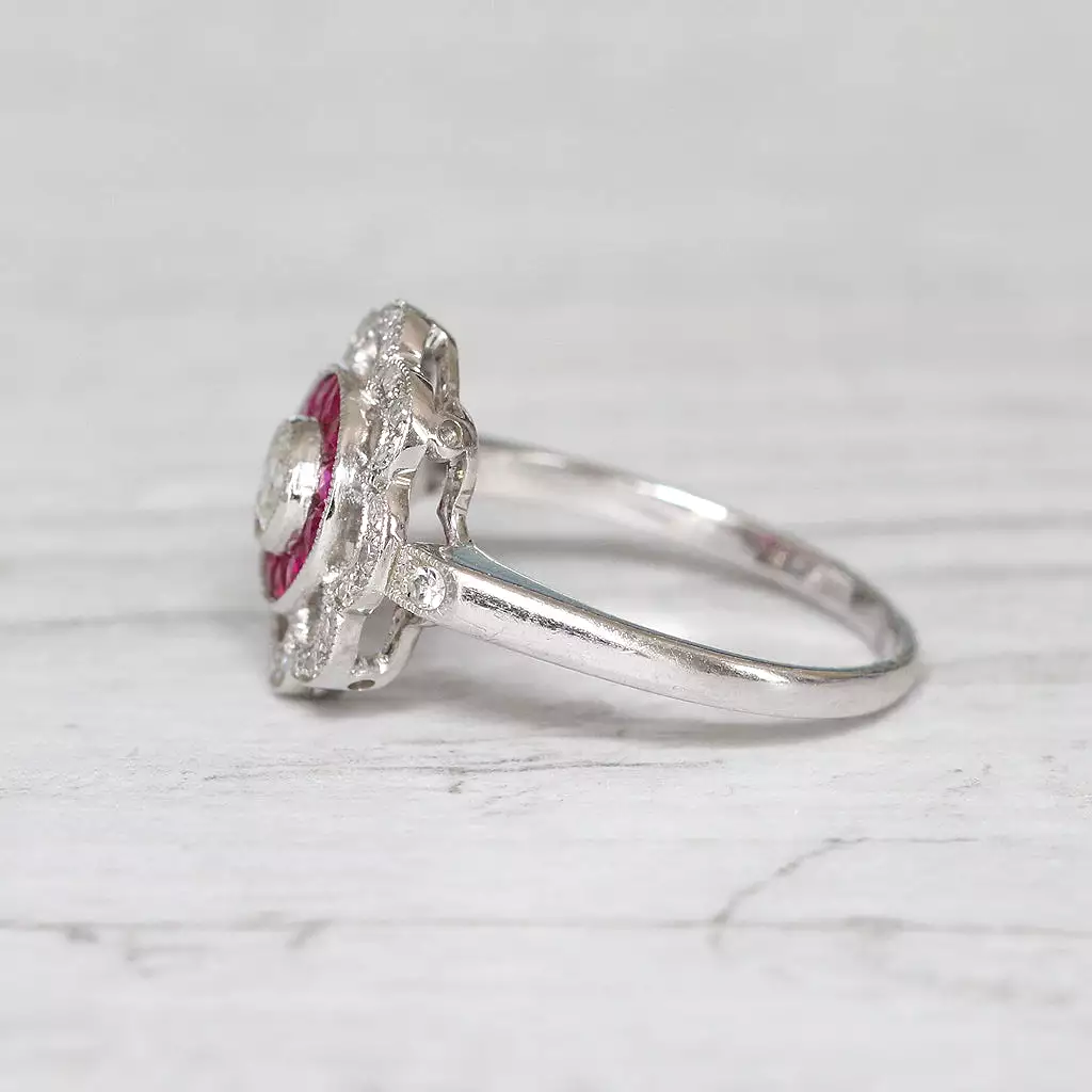 Art Deco Style Old Cut Diamond and French Cut Ruby Target Cluster