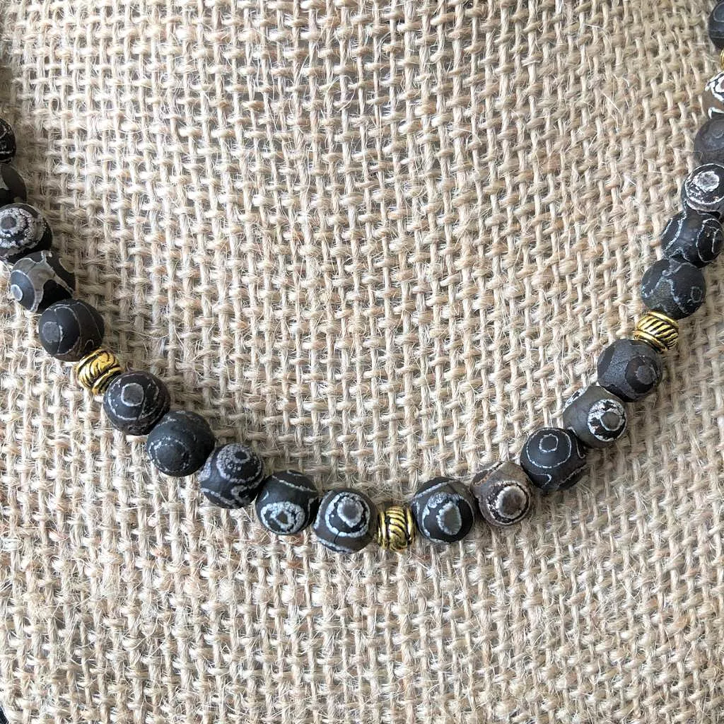 Black and Gray Swirl Matte Agate Mens Beaded Necklace