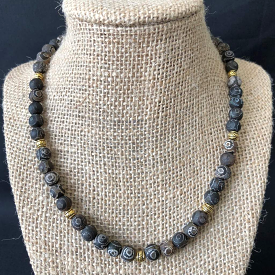 Black and Gray Swirl Matte Agate Mens Beaded Necklace