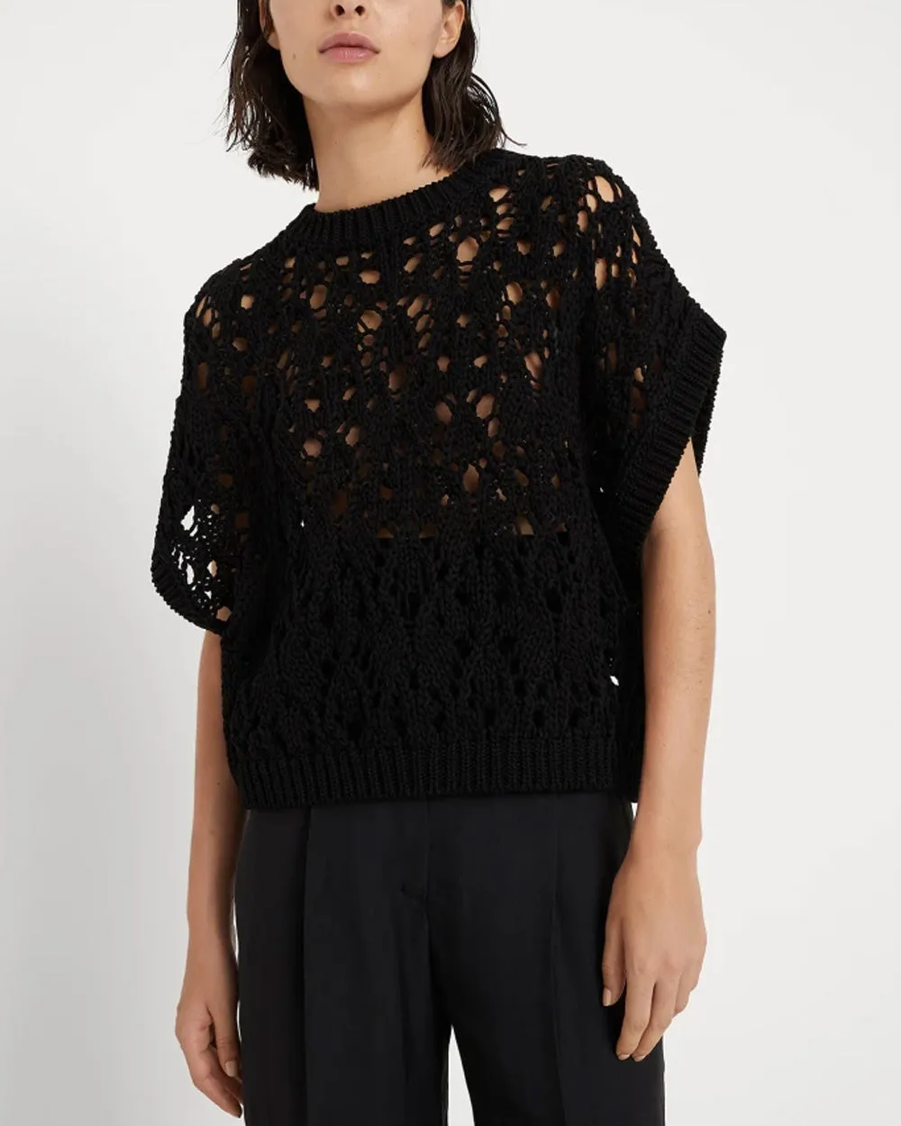 Black Net Knit Capsleeve Top