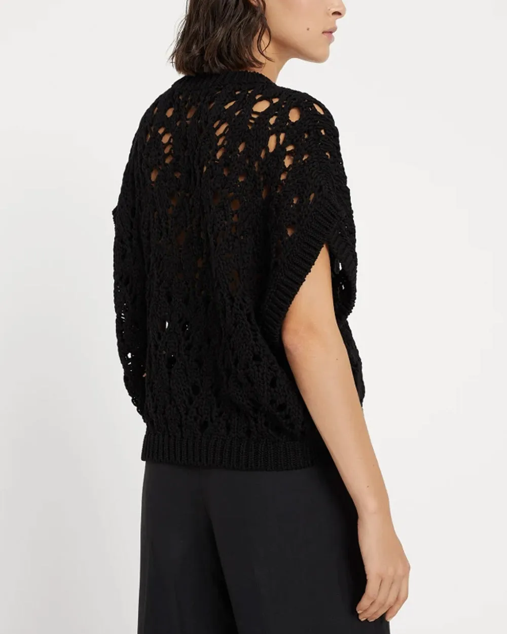 Black Net Knit Capsleeve Top