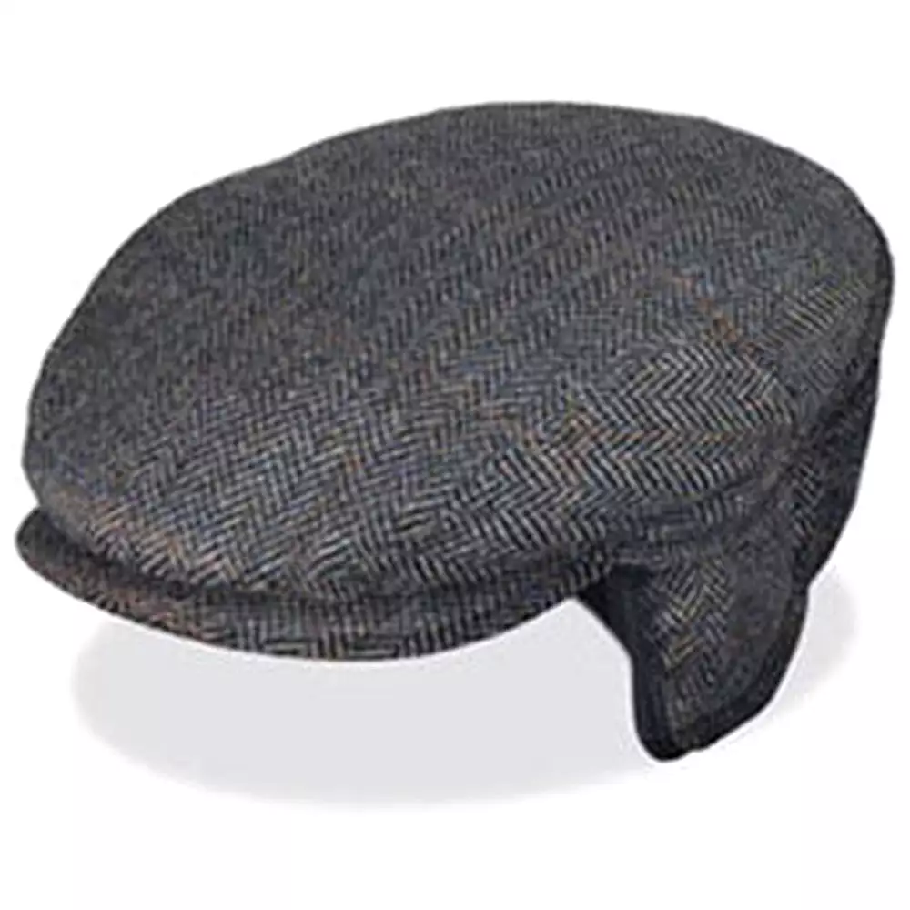 Black Wool Herringbone Driving Cap with Ear Flaps