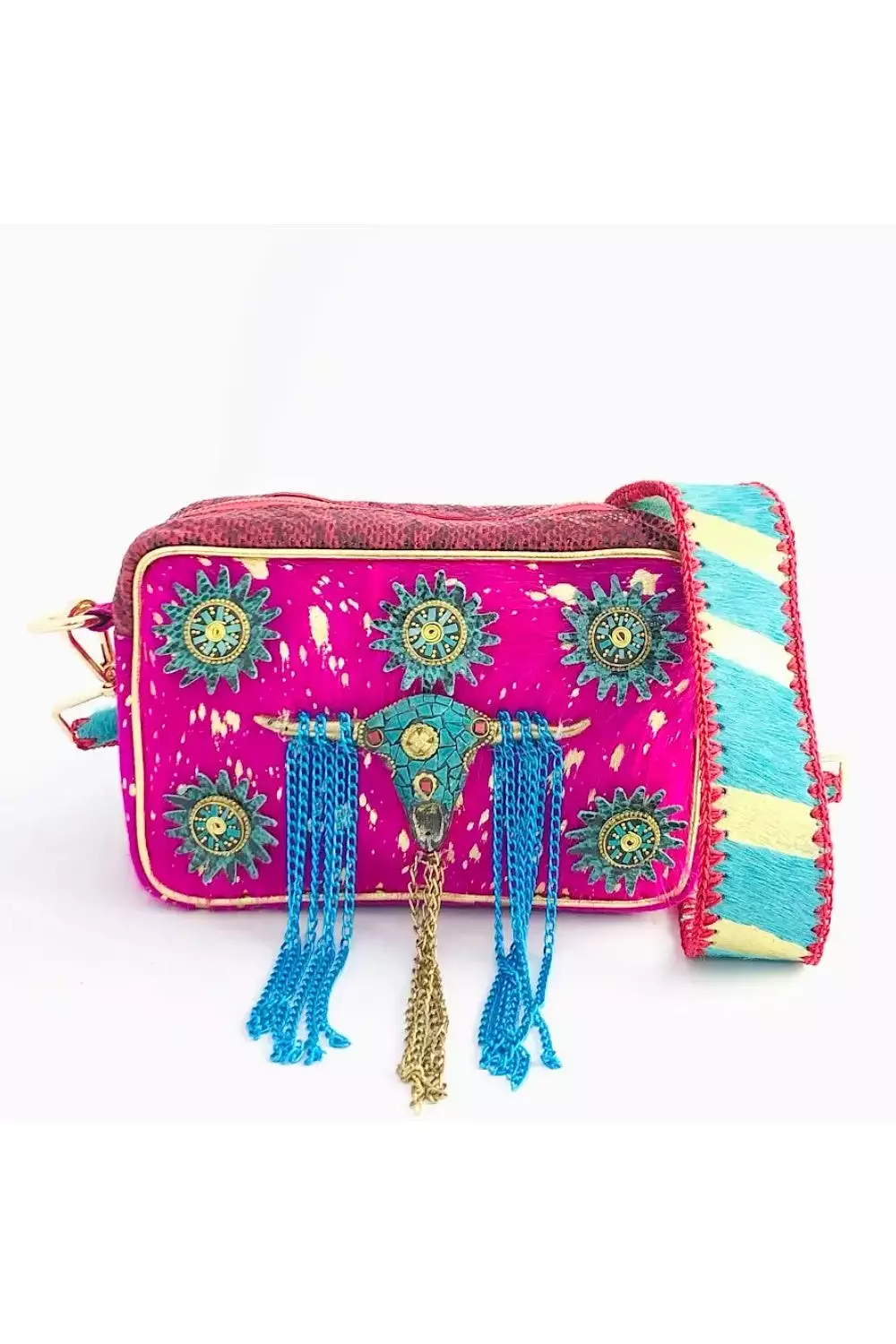 BOHO COW CHAIN CROSS BODY BAG FUCHSIA