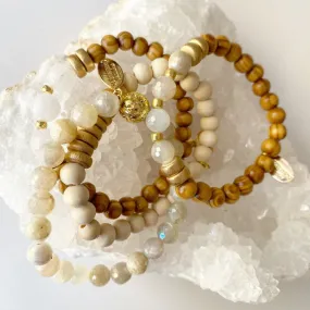 Boho Wood and Semiprecious Stone Beaded “Snowfall” Stack // Winter Whites