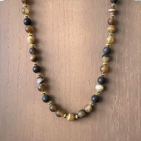 Brown Line Matte Agate Mens Beaded Necklace