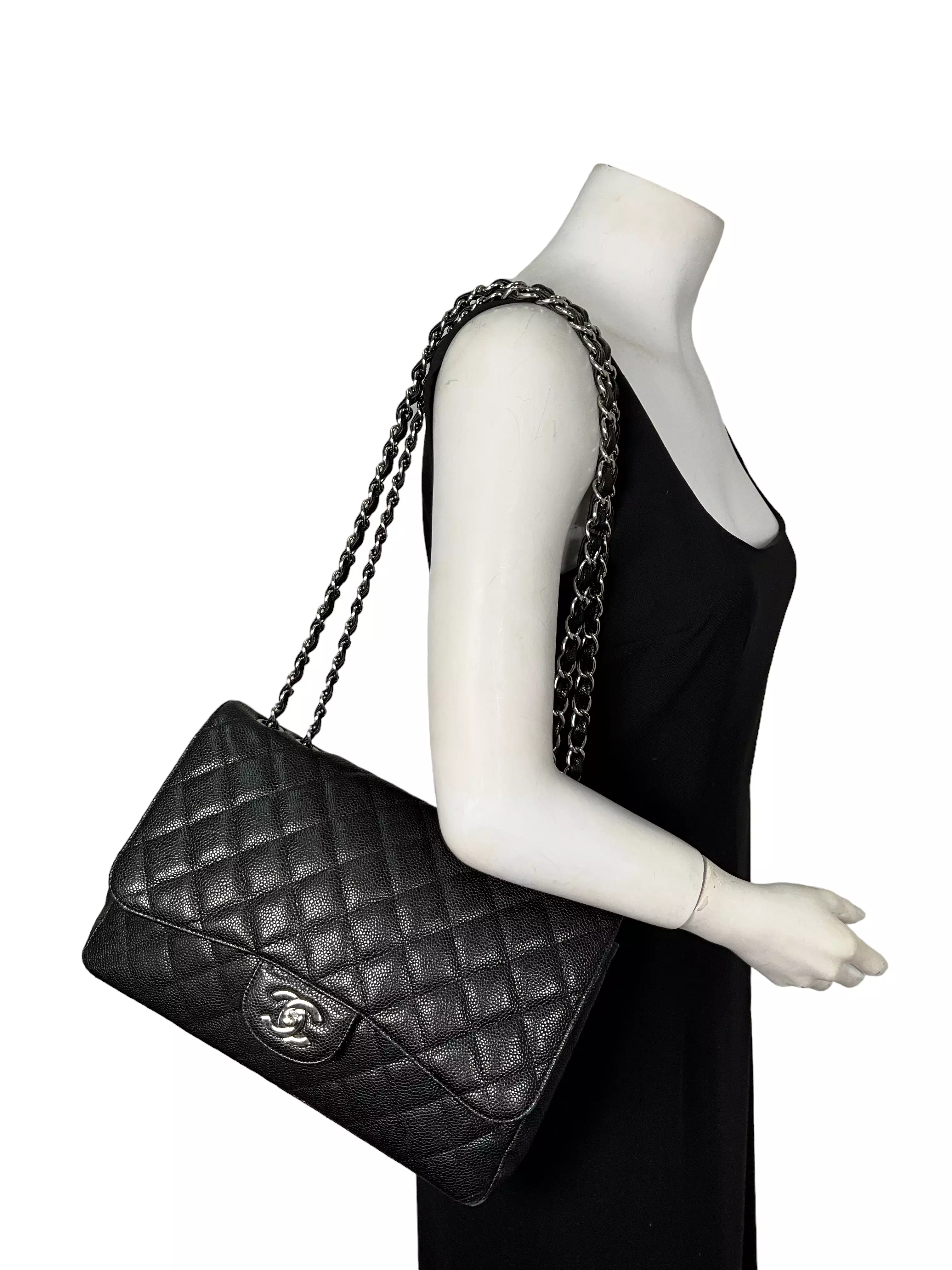 CHANEL Classic Double Chain Flap Bag In Black Caviar Leather