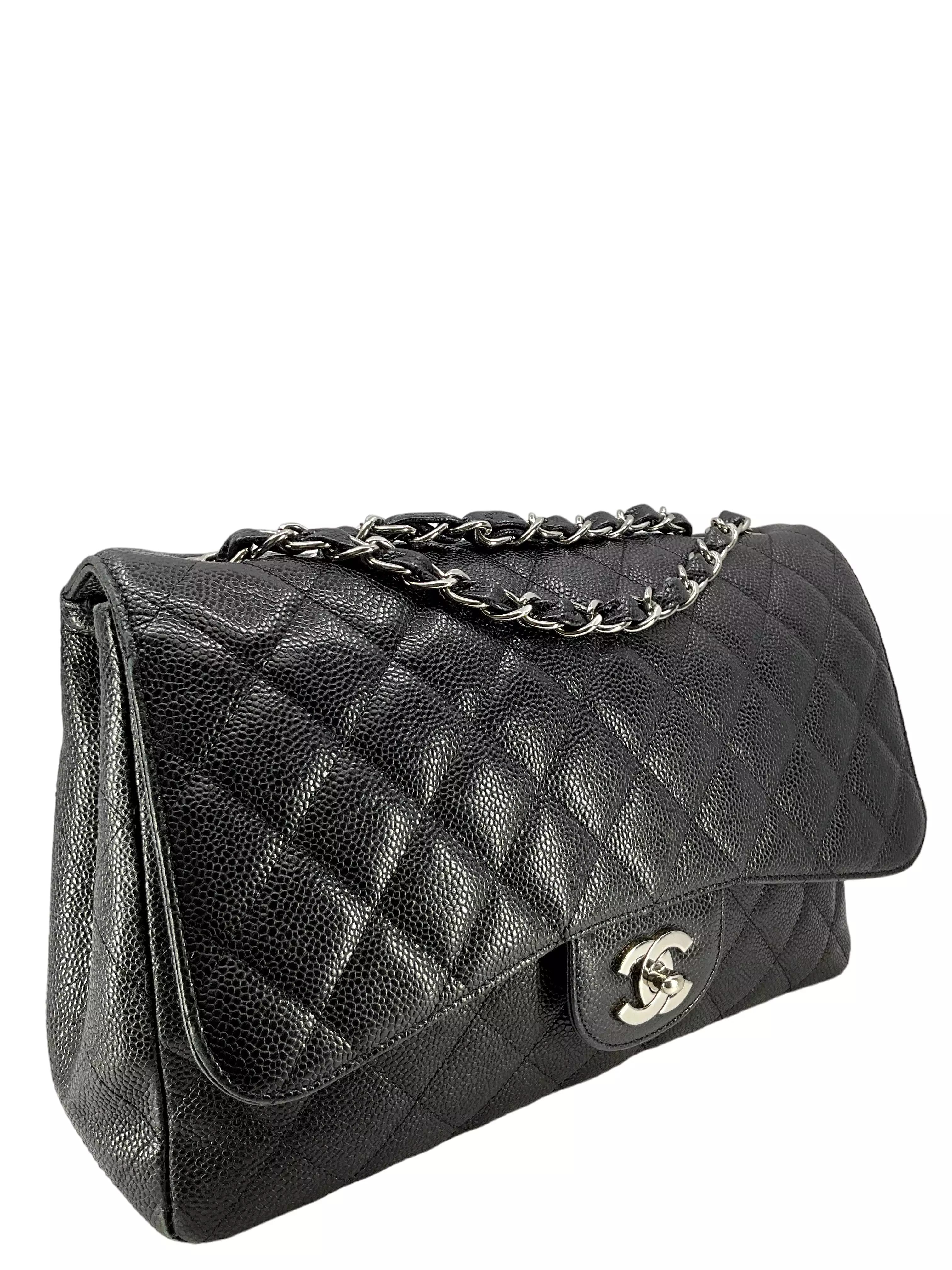 CHANEL Classic Double Chain Flap Bag In Black Caviar Leather