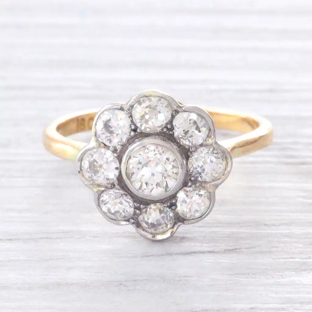 Edwardian 1.80 Carat Old Cut Diamond Daisy Cluster