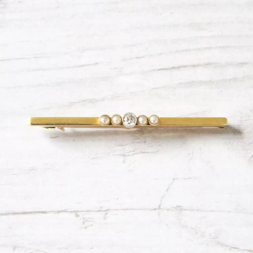 Edwardian Old Mine Cut Diamond and Pearl Stock Pin