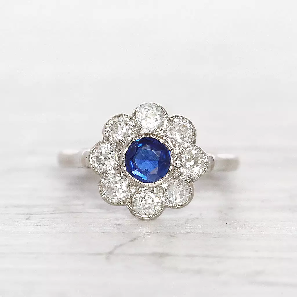 Edwardian Sapphire and Old Cut Diamond Daisy Cluster