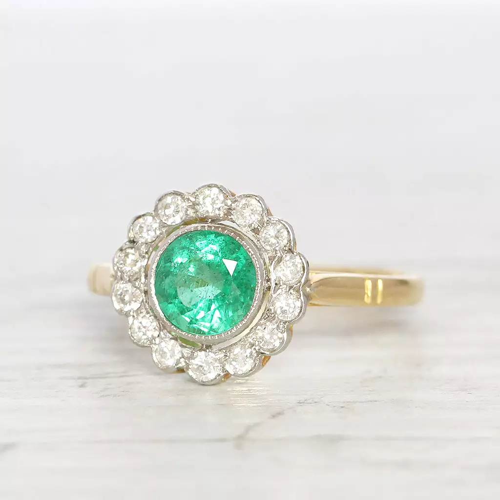 Edwardian Style 0.80 Carat Emerald and Diamond Cluster