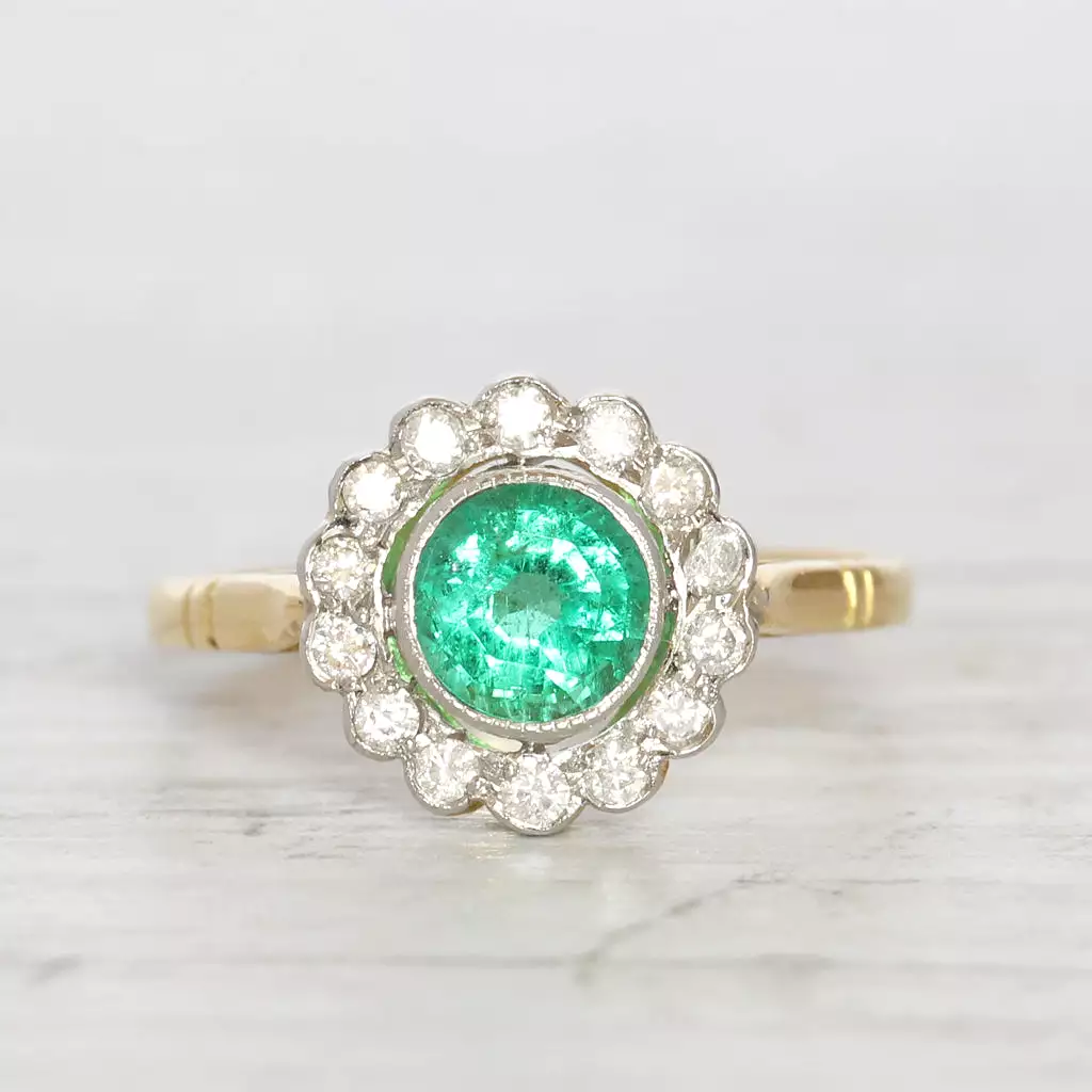 Edwardian Style 0.80 Carat Emerald and Diamond Cluster