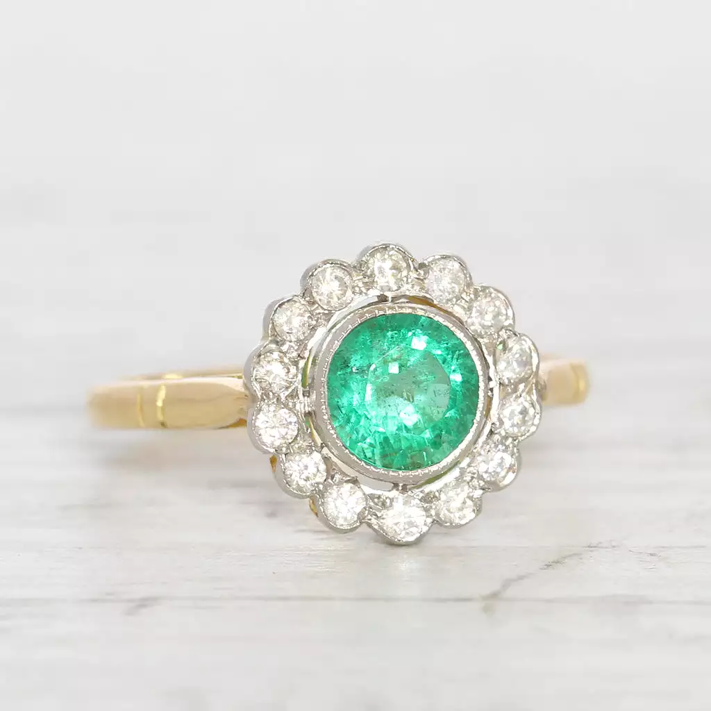 Edwardian Style 0.80 Carat Emerald and Diamond Cluster