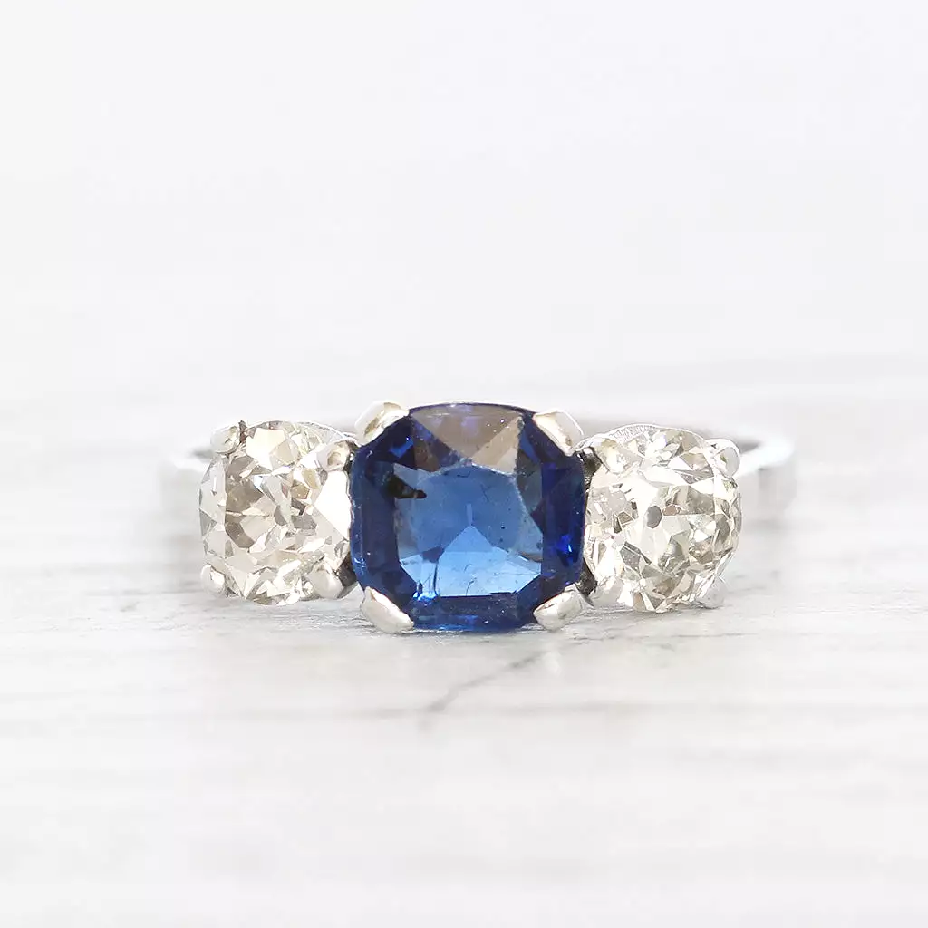 French Art Deco 1 Carat Sapphire and Old Cut Diamond Three Stone