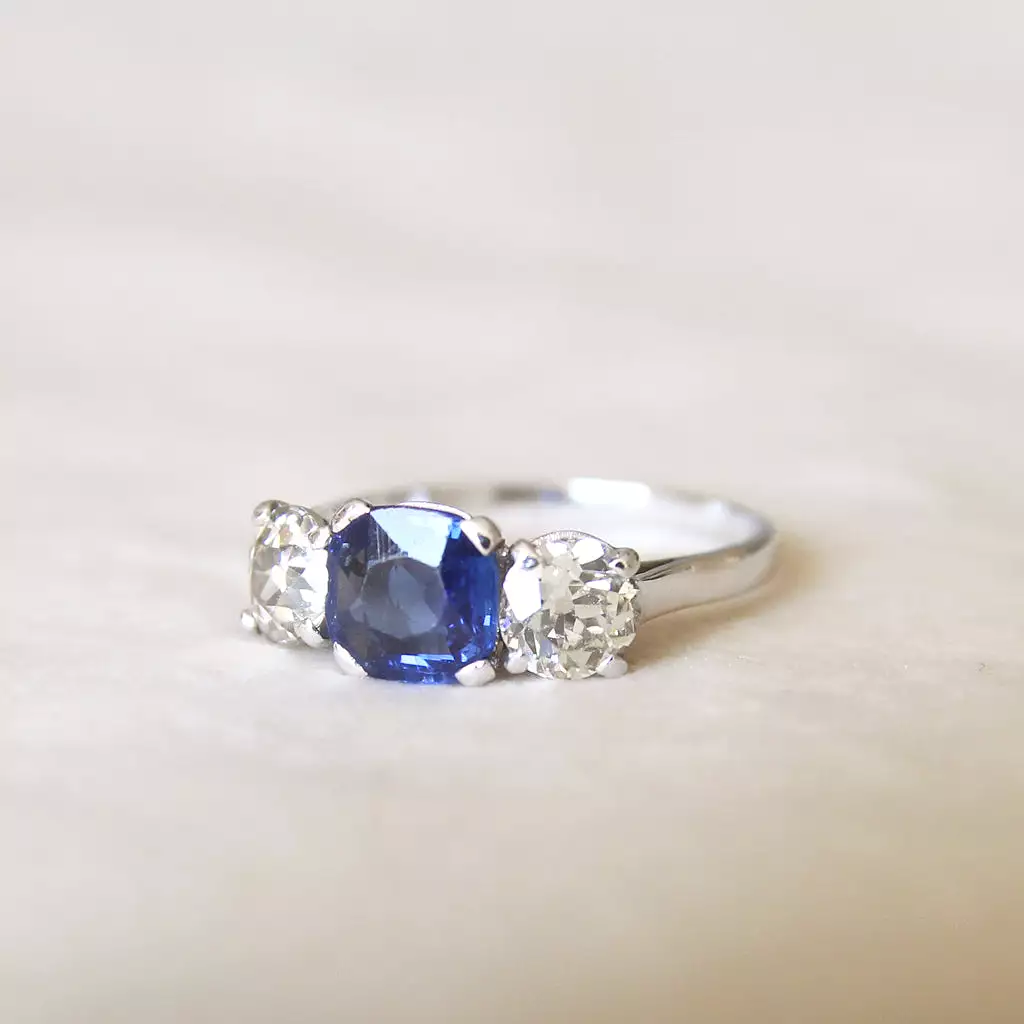 French Art Deco 1 Carat Sapphire and Old Cut Diamond Three Stone