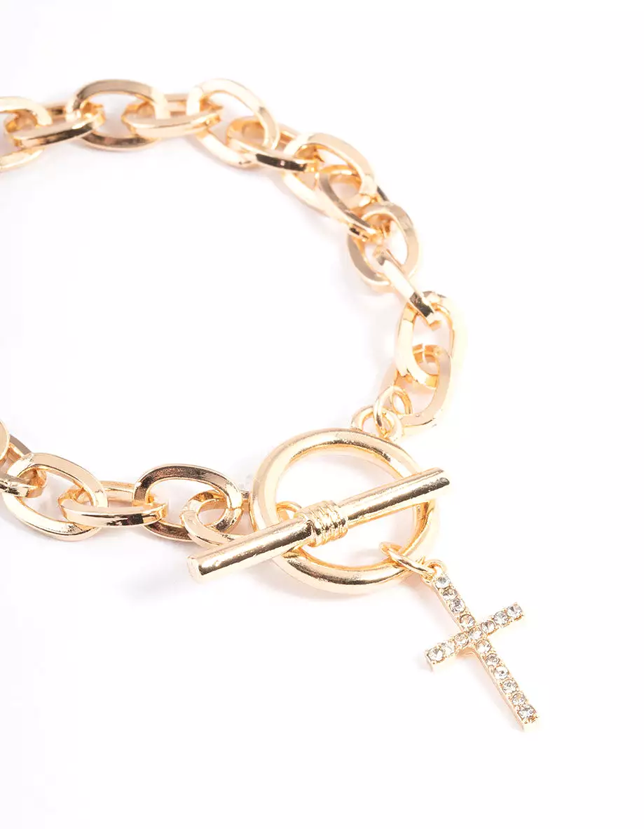 Gold Open Circle & Bar Cross Bracelet