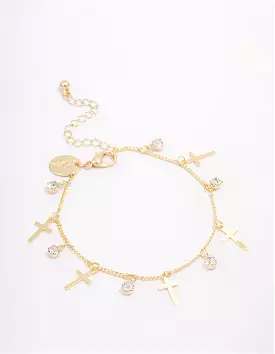 Gold Plated Diamante Cross Drop Bracelet