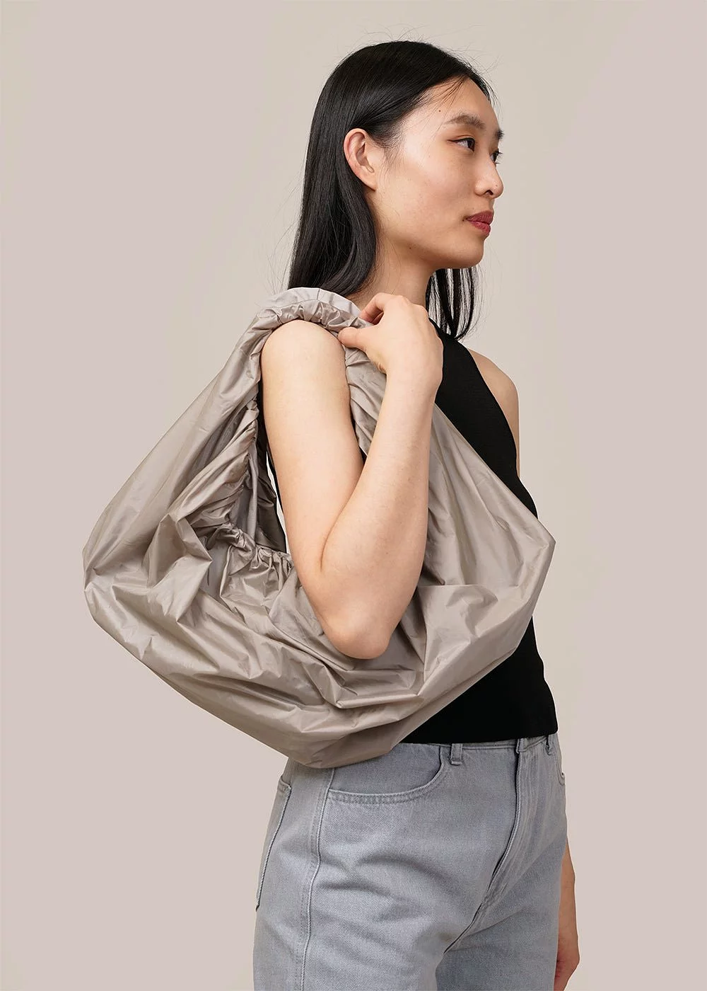 Grey Shirring Tote Bag