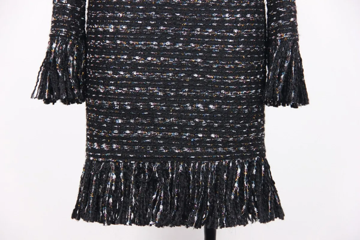 High Street Round Neck Bright Silk Fringed Tassel Tweed Dress for Women