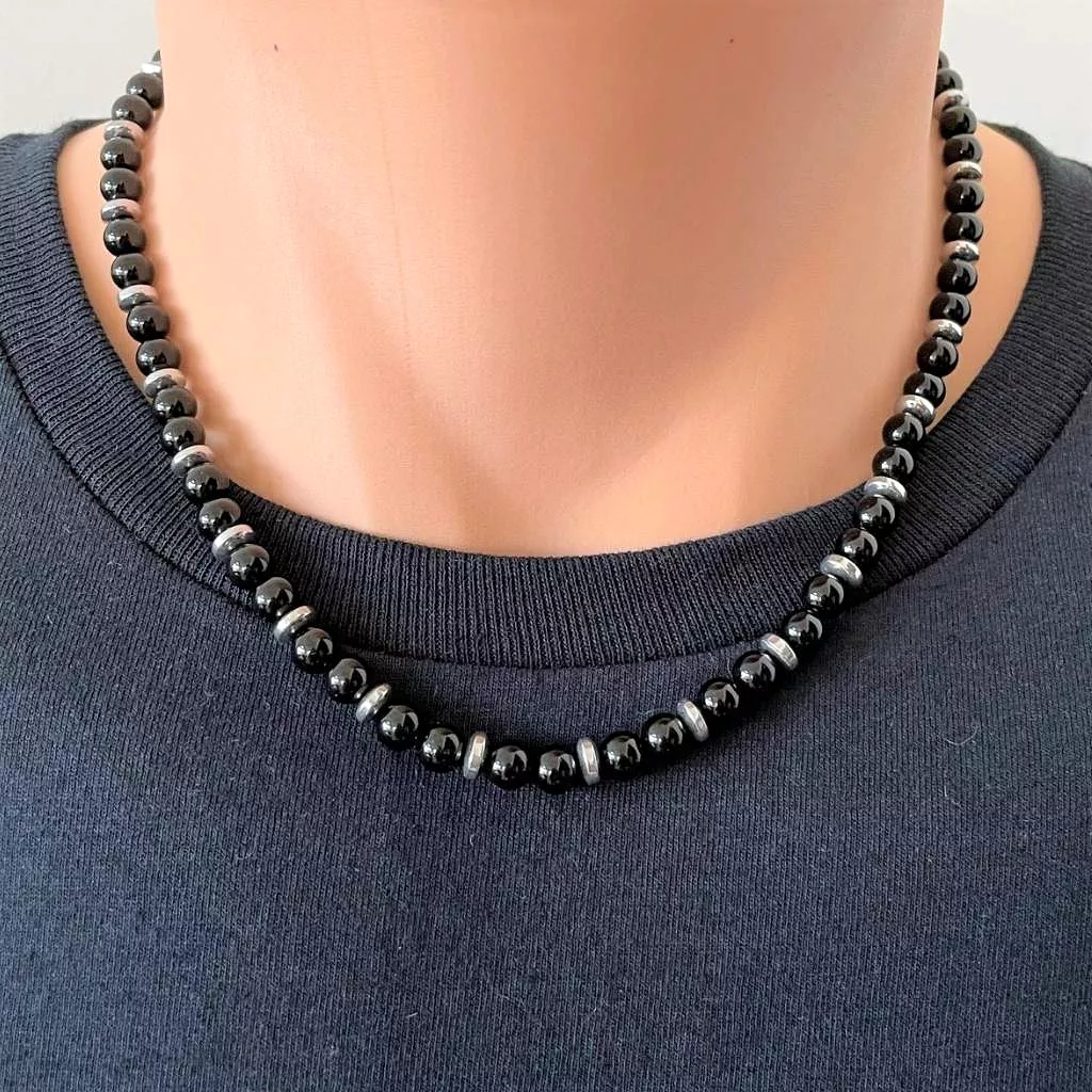 Mens Black Onyx and Silver Hematite Rondelle Beaded Necklace