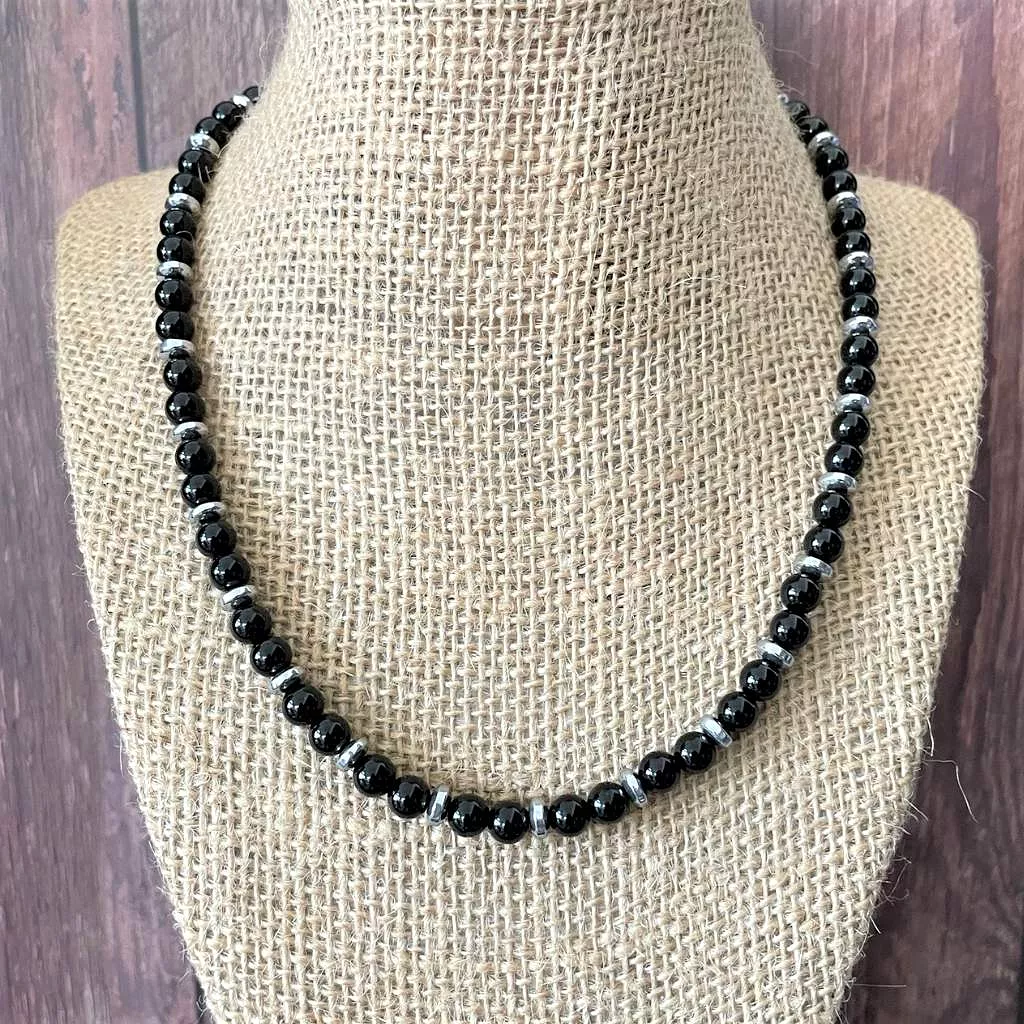 Mens Black Onyx and Silver Hematite Rondelle Beaded Necklace