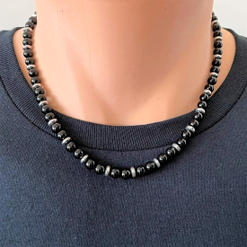 Mens Black Onyx and Silver Hematite Rondelle Beaded Necklace