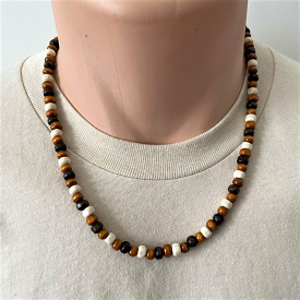 Mens Brown and White 6mm Wood Necklace