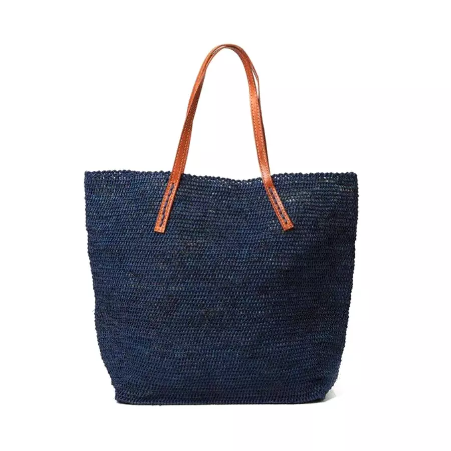 Navy Portland Crocheted Raffia Shoulder Tote Bag