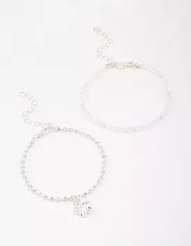 Silver Beaded Diamante Flower Bracelet Pack