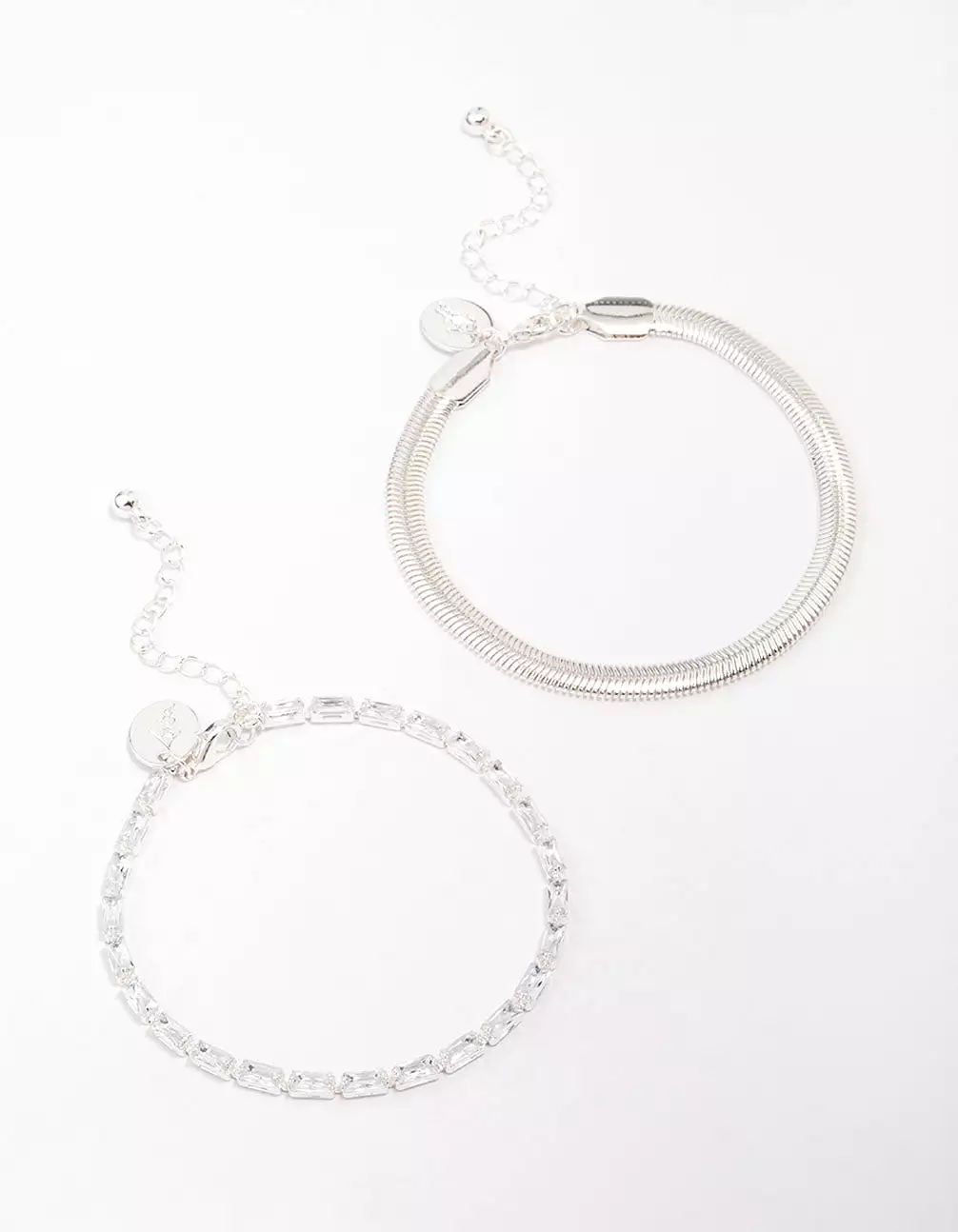 Silver Plated Cubic Zirconia Baguette Snake Double Chain Bracelet Pack