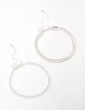 Silver Plated Cubic Zirconia Baguette Snake Double Chain Bracelet Pack