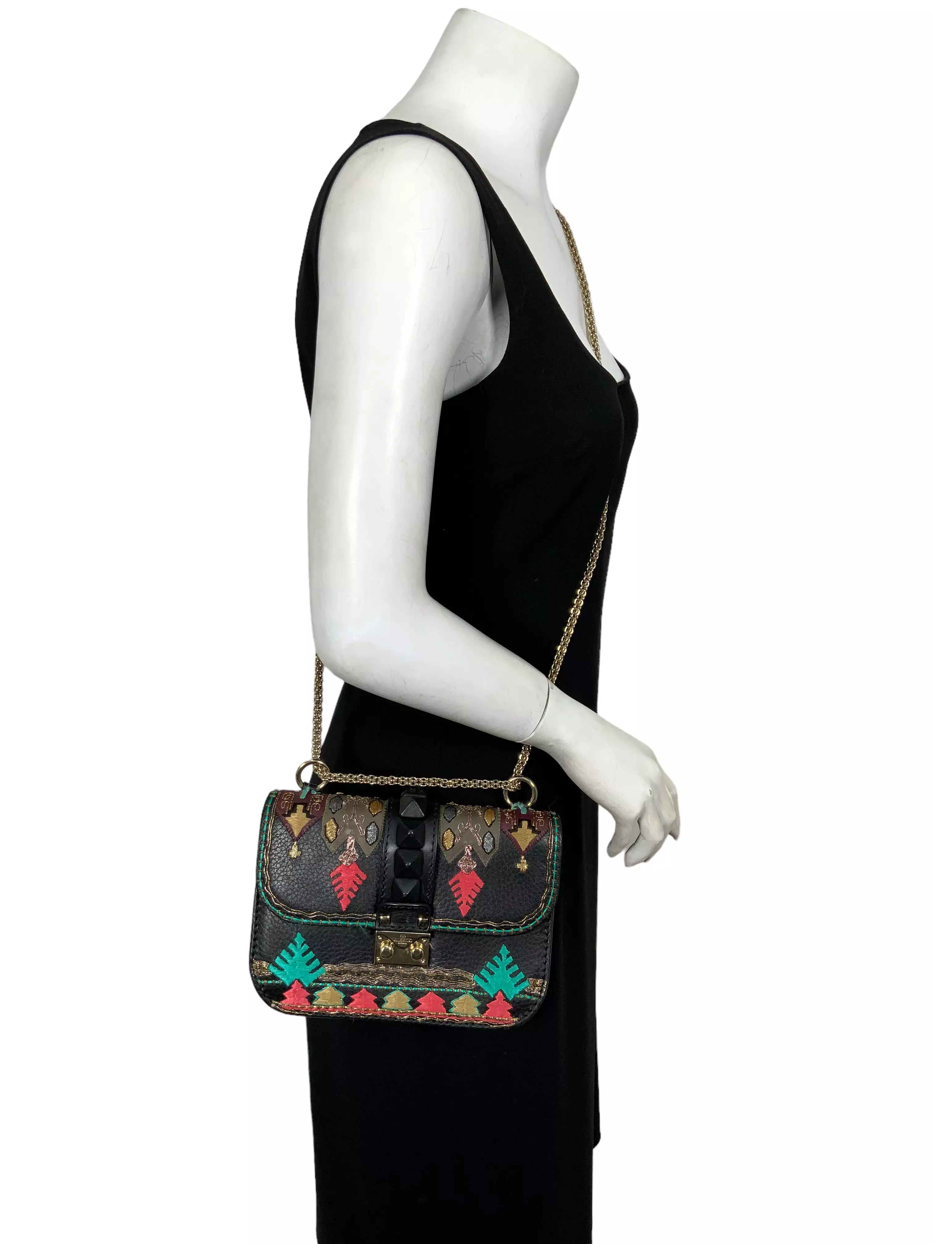 VALENTINO Glam Lock Embroidered Leather Small Flap Bag