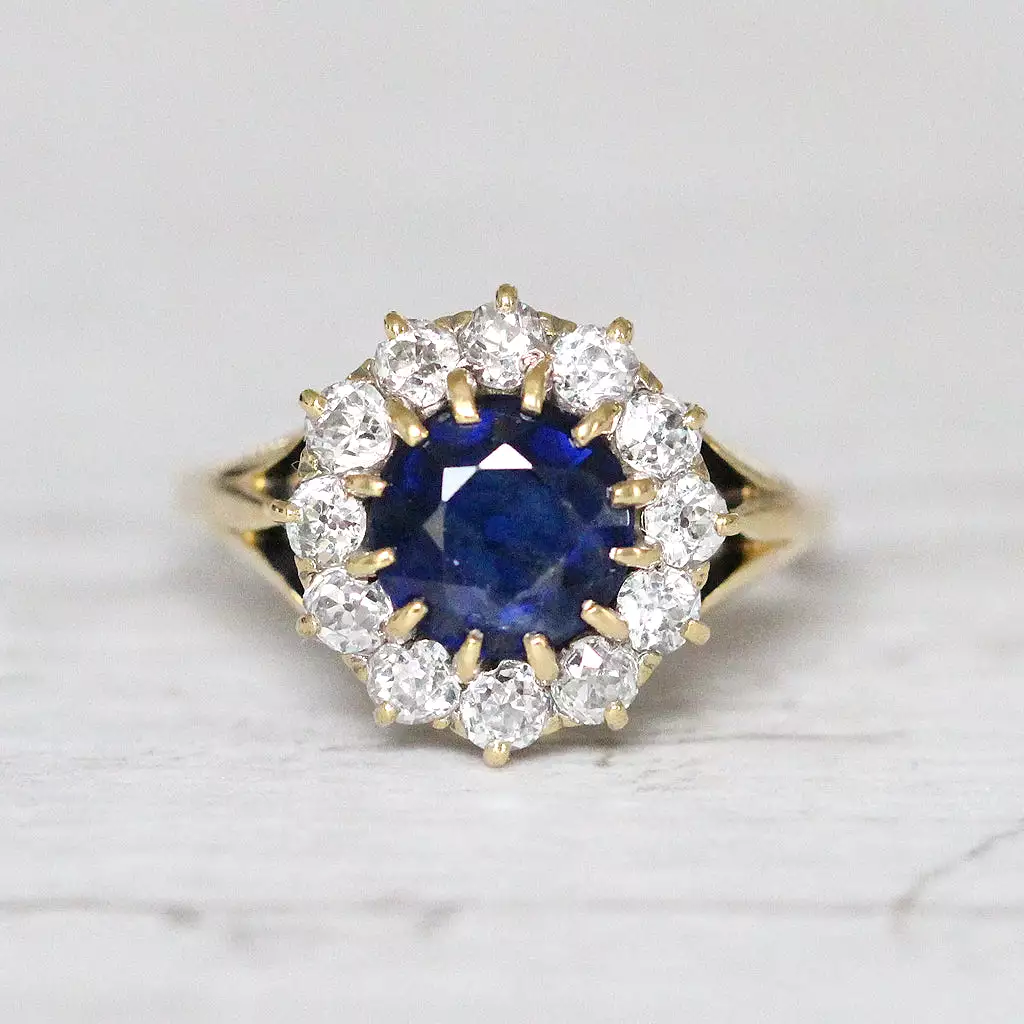 Victorian 1.50 Carat Sapphire and Old Cut Diamond Round Cluster