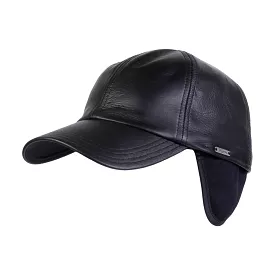 Wigens Black Elk Leather Baseball Cap with hidden Earflaps