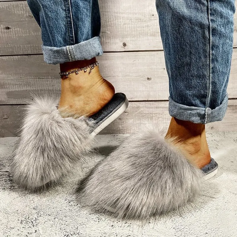 Women's Luxury Summer Fluffy Fur Flat Slides Slippers with Warm Flops