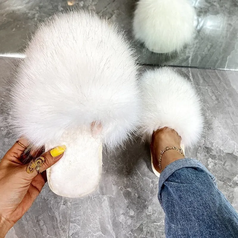 Women's Luxury Summer Fluffy Fur Flat Slides Slippers with Warm Flops